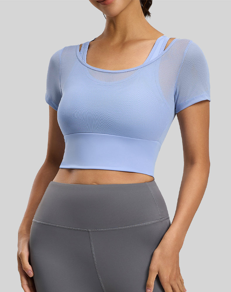 Short Sleeve Yoga Crop Tops Mesh Athletic T-Shirts