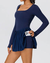 Long Sleeve Pleated Tennis Dress with Short and Pocket
