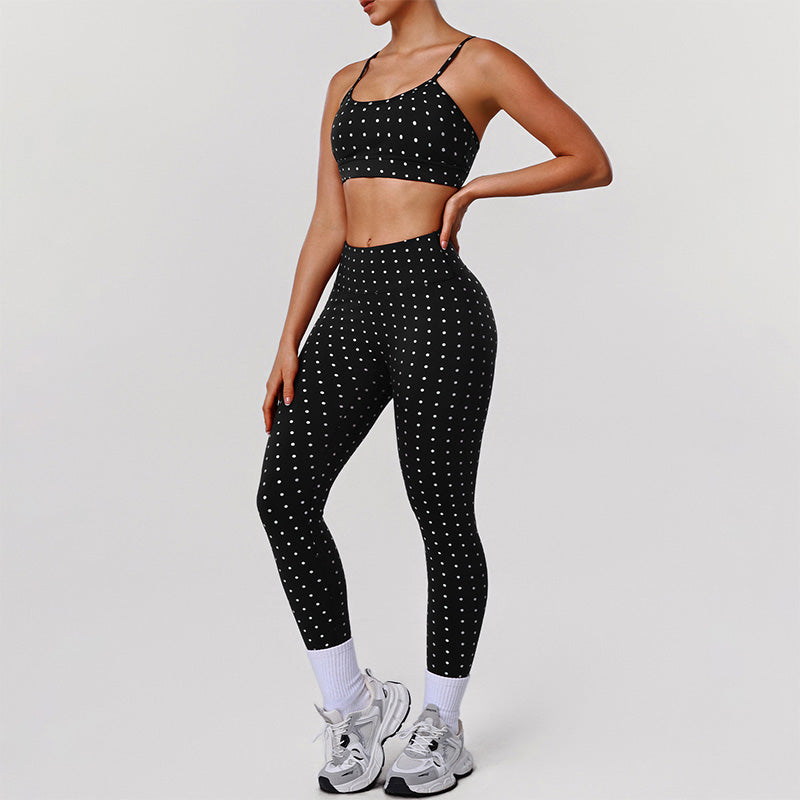 Silver Polka Dot Activewear Sets with Sports Bra and Legging