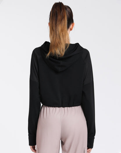 Drawstring Cropped Hoodies with Thumb Holes