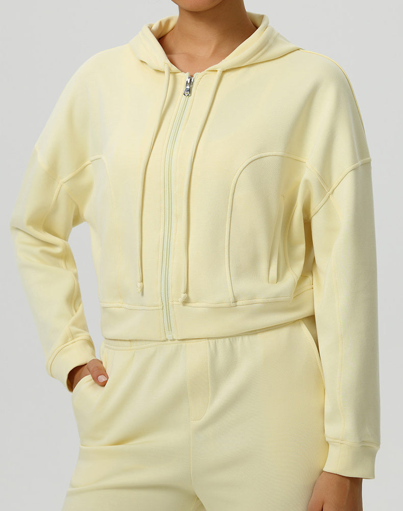 Long Sleeve Hooded Zip Up Casual Crop Coat with Pockets