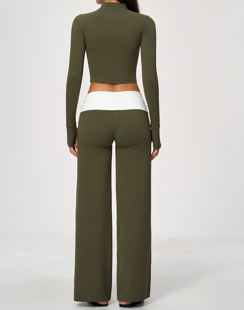 3 Piece Sports Bra Cropped Jacket and Fold Over Flare Pant