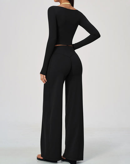 2 Piece Long Sleeve Sports T-Shirt and Wide Leg Pant