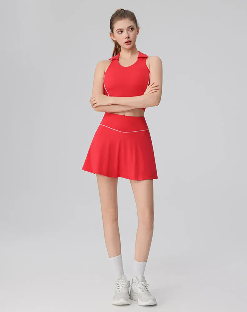 Tennis Sets with Polo Collared Crop Tank Top and Golf Skirt -