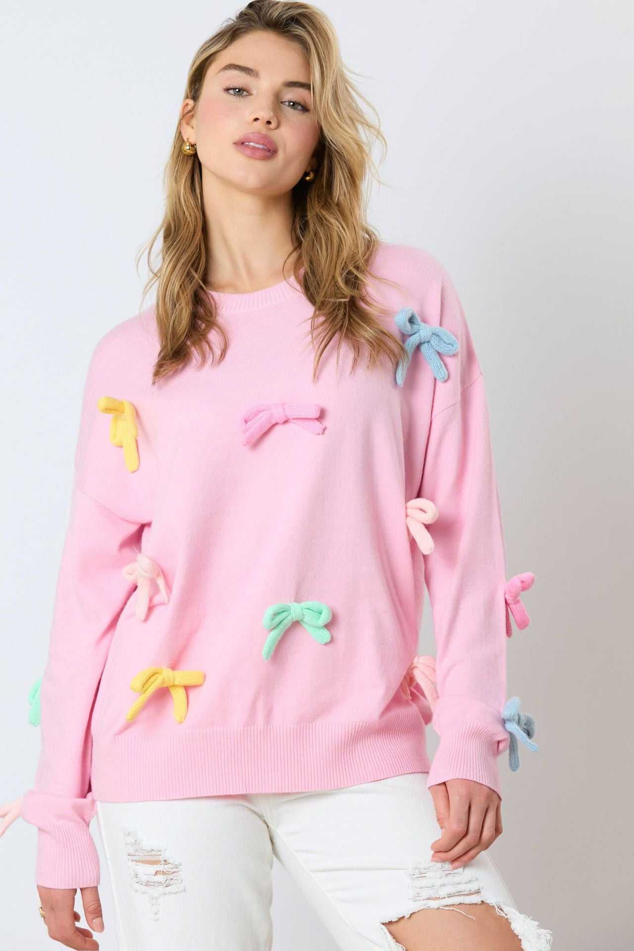 Cute Colorful Bow Long Sleeve Crew Sweater | Perfect for Everyday Wear