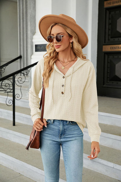 Button Hooded Sweatshirt Loose Long Sleeve Casual Tops