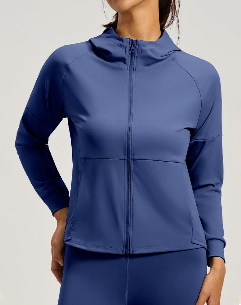 Long Sleeve Hooded Zip Up Casual Crop Coat with Pockets