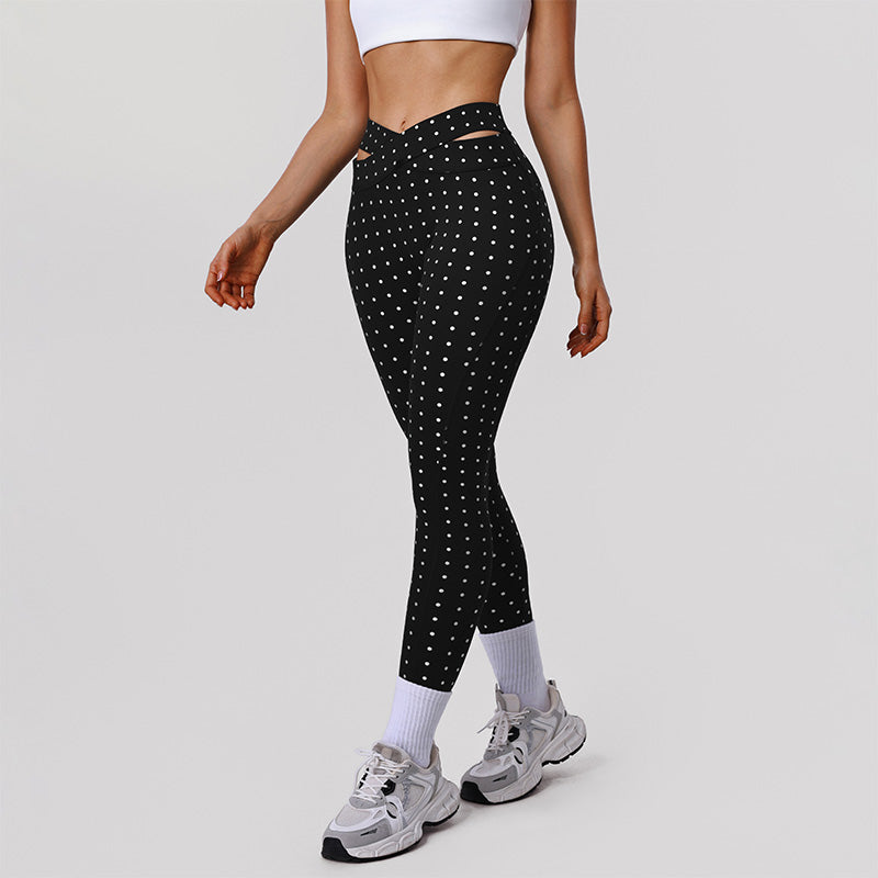 Silver Polka Dot Yoga Leggings Cross-cut Black Workout Pants