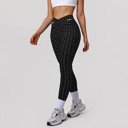 Silver Polka Dot Yoga Leggings Cross-cut Black Workout Pants