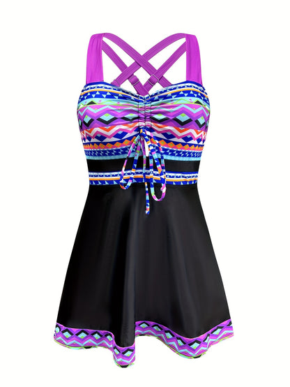 Chic Geometric Print Tie Front Tankini Set