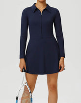 Long Sleeve Zip Polo Collar Tennis Dress with Built in Short