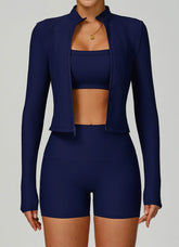 3 Pieces Ribbed Activewear Set with Bra, Jacket and Short