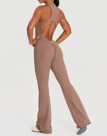 Zipper Racerback Yoga Bodysuit Flare Jumpsuit with Pockets