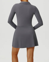 Long Sleeve Zip Polo Collar Tennis Dress with Built in Short