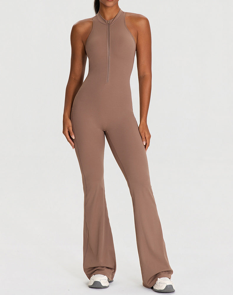 Zipper Racerback Yoga Bodysuit Flare Jumpsuit with Pockets