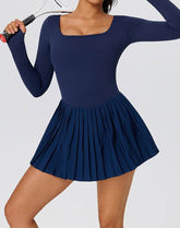 Long Sleeve Pleated Tennis Dress with Short and Pocket