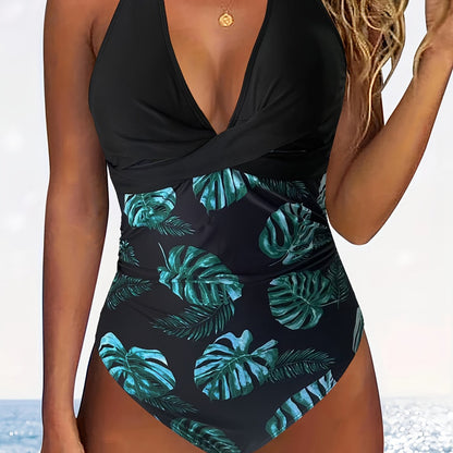 V Neck Halter Tie Neck One Piece Bathing Suit