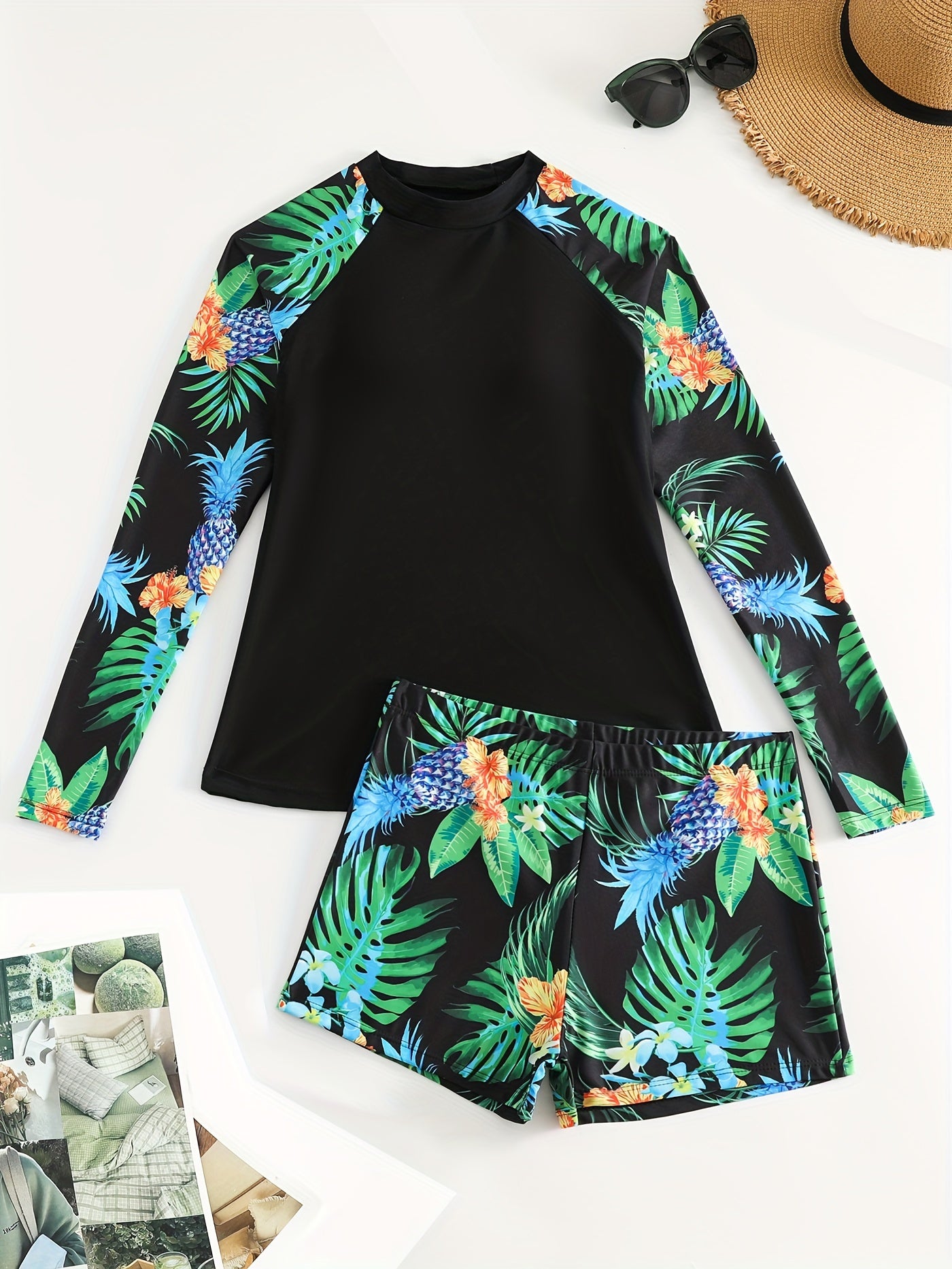 Tropical Chic Long Sleeve Patchwork Tankini Set