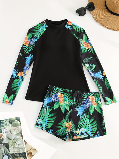 Tropical Chic Long Sleeve Patchwork Tankini Set