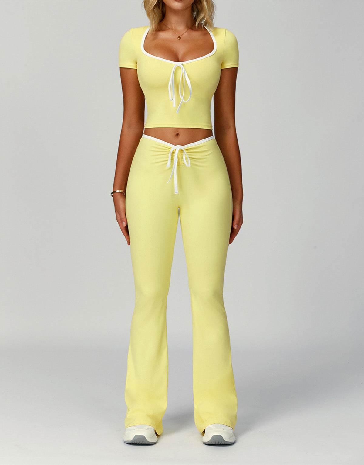 2 Pieces Activewear Set with Bow Crop Tops and Flare Pants