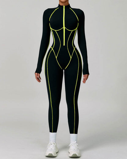 Three Dimensional Line Sports Backless Long Sleeve Jumpsuit