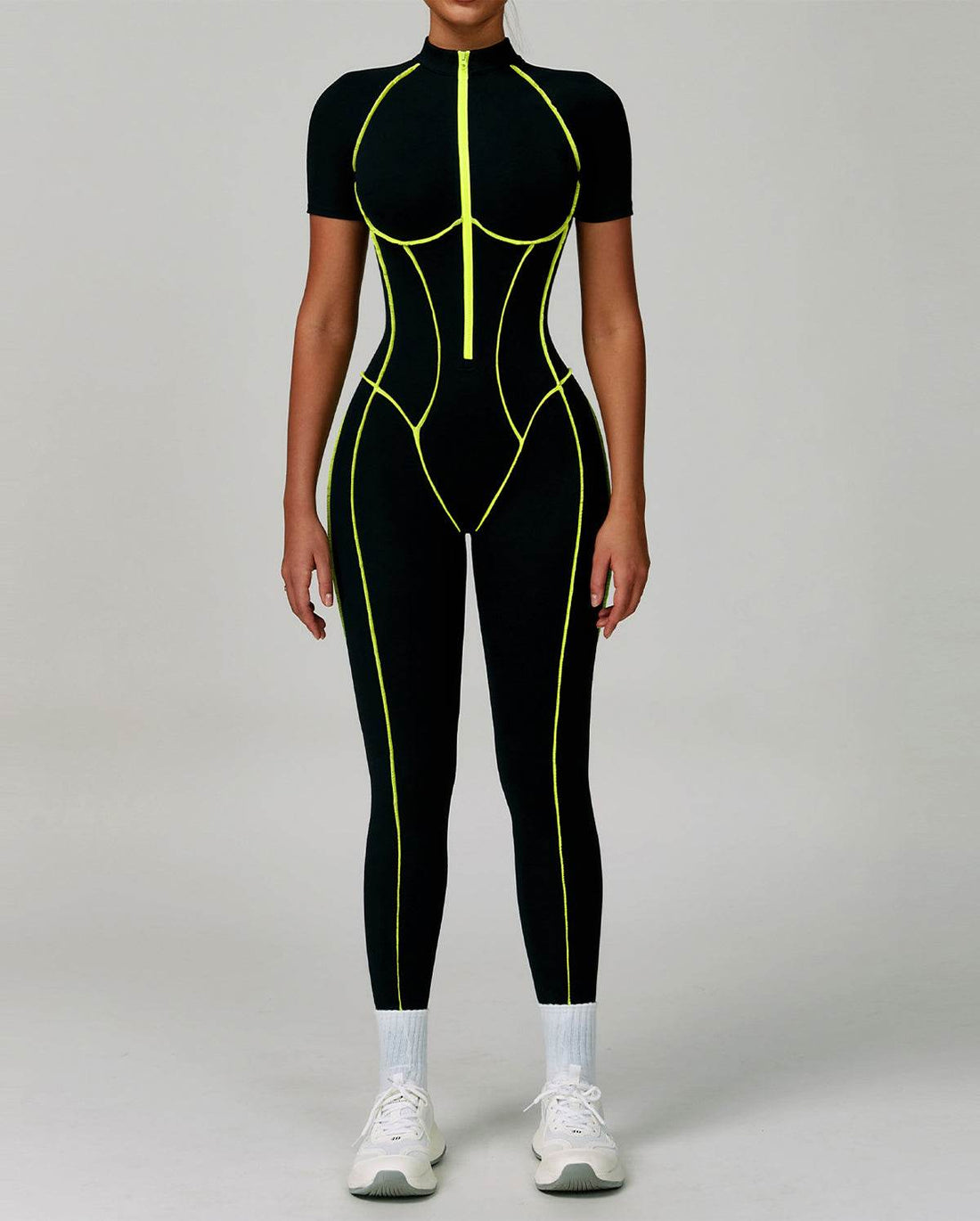 Three Dimensional Line Sports Backless Short Sleeve Jumpsuit
