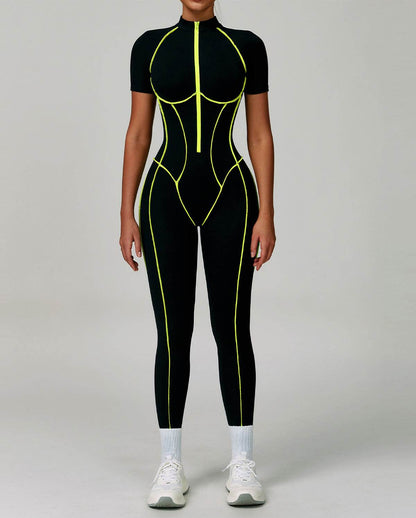 Three Dimensional Line Sports Backless Short Sleeve Jumpsuit