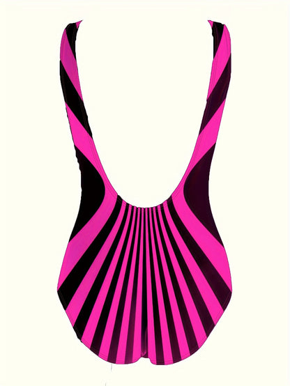 One-piece Retro Striped Color Block Backless Swimsuit