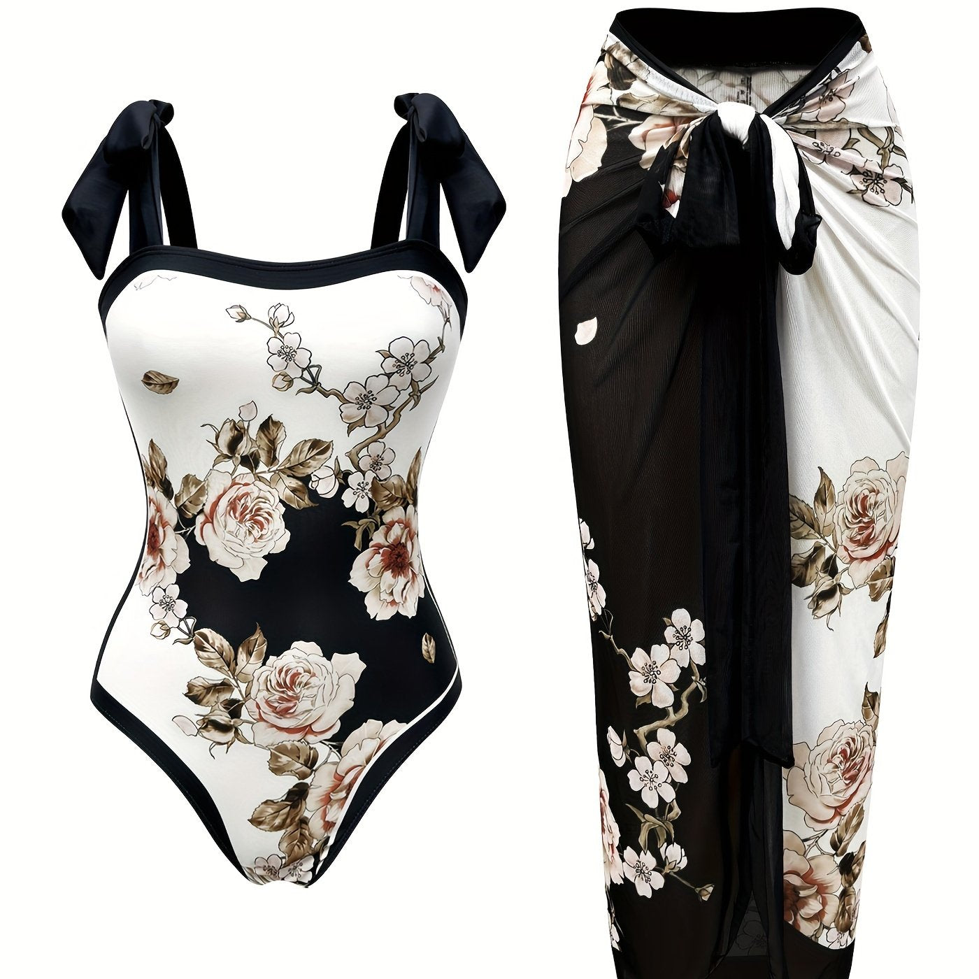 Floral Pattern 2 Piece Swimsuits with Bow Tie Shoulder Straps One-piece Bathing-suit &amp; Cover Up Skirt