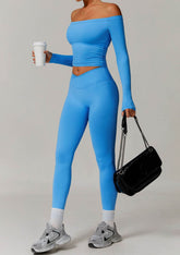 Athletic Wear Sets with Off Shoulder Basic T-Shirts and Leggings