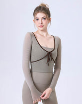 Faux Two Piece Long Sleeve Mesh Crop Top Tie Yoga T-Shirts