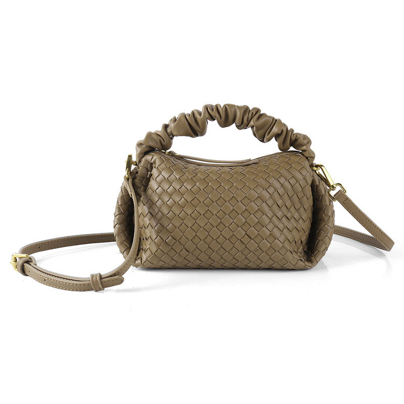 PU Leather Woven Handbag with Pleated Mushroom Edge