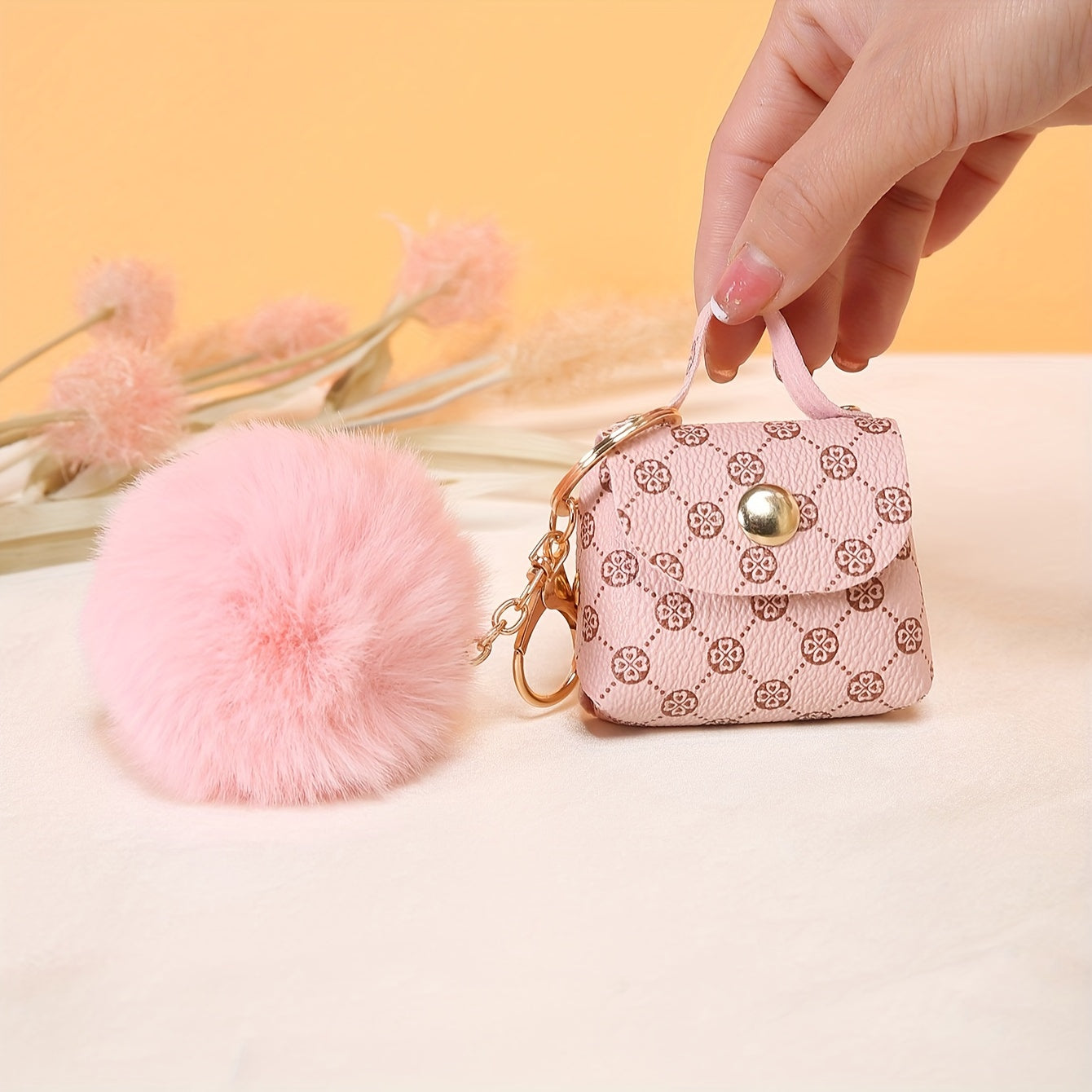 Coin Purse Keychain with Tassel and Fluffy Pom-Pom