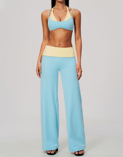 2 Piece Color Block Sports Bra and Fold Over Flare Pant Sets