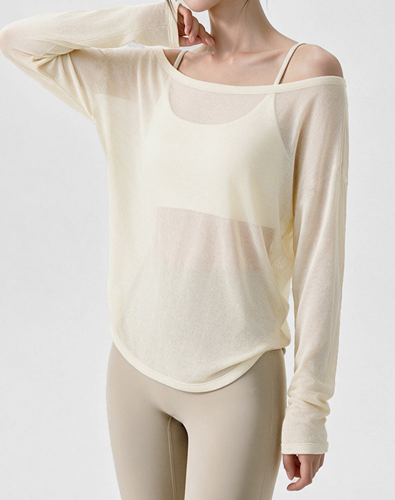 Off Shoulder Long Sleeve Sheer Mesh Yoga Tops