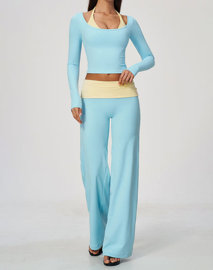 2 Piece Long Sleeve Sports T-Shirt and Fold Over Flare Pant