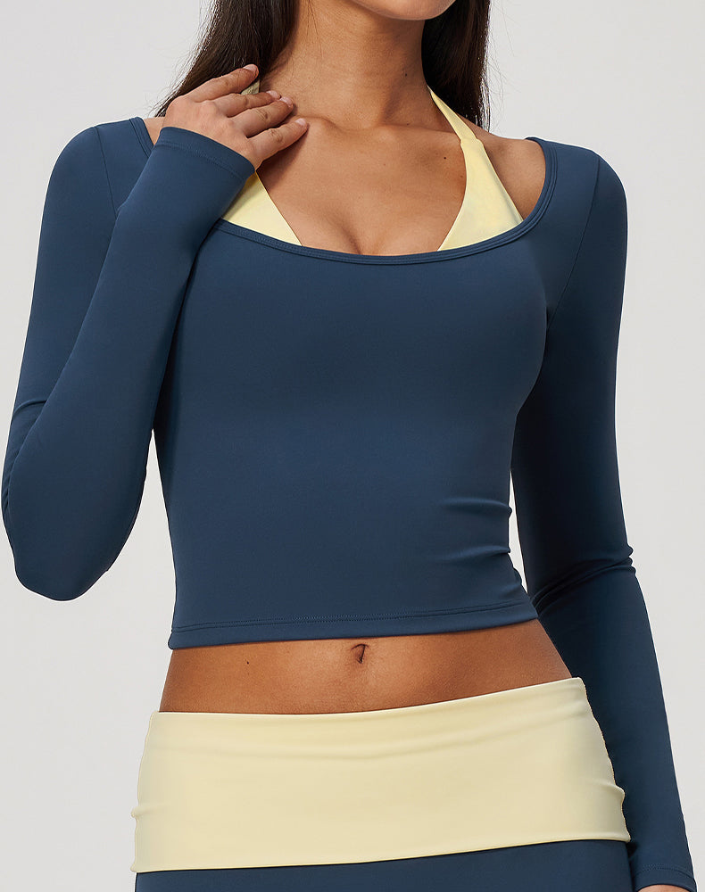 Faux Two Piece Color Block Long Sleeve Sports T-Shirts