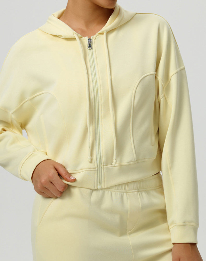 Long Sleeve Hooded Zip Up Casual Crop Coat with Pockets