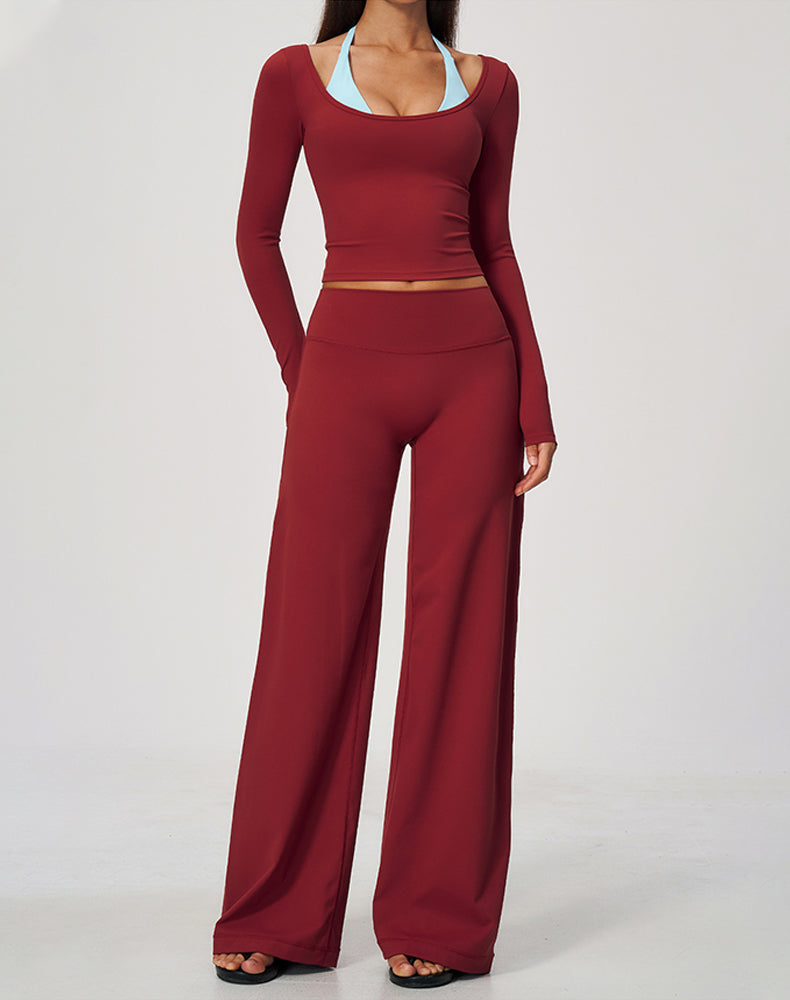 2 Piece Long Sleeve Sports T-Shirt and Wide Leg Pant