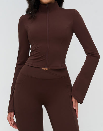 Full Zip Up Workout Cropped Jackets Flared sleeve Yoga Tops