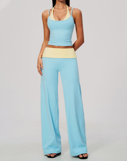 2 Piece Color Block Tank Top and Fold Over Flare Pant Sets