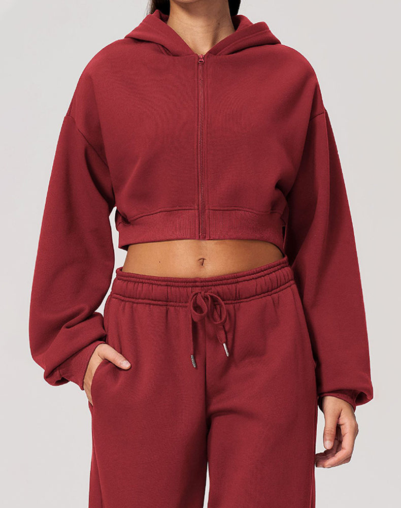 Long Sleeve Full Zip Cropped Casual Hooded
