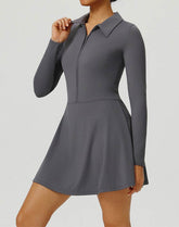 Long Sleeve Zip Polo Collar Tennis Dress with Built in Short