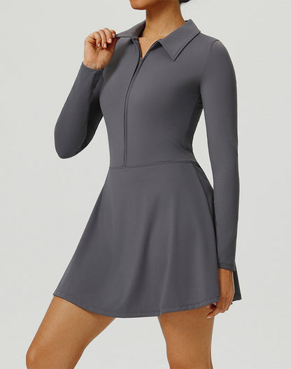 Long Sleeve Zip Polo Collar Tennis Dress with Built in Short