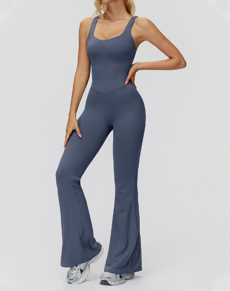 Cross Back One Piece Jumpsuit Yoga Flare Leg Rompers