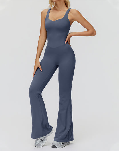 Cross Back One Piece Jumpsuit Yoga Flare Leg Rompers