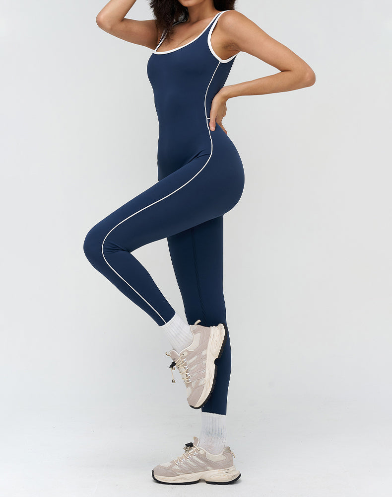 Backless One Piece Yoga Jumpsuit Contrast Trim Unitard