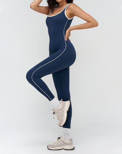 Backless One Piece Yoga Jumpsuit Contrast Trim Unitard