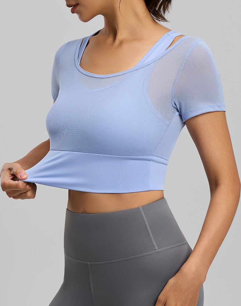Short Sleeve Yoga Crop Tops Mesh Athletic T-Shirts