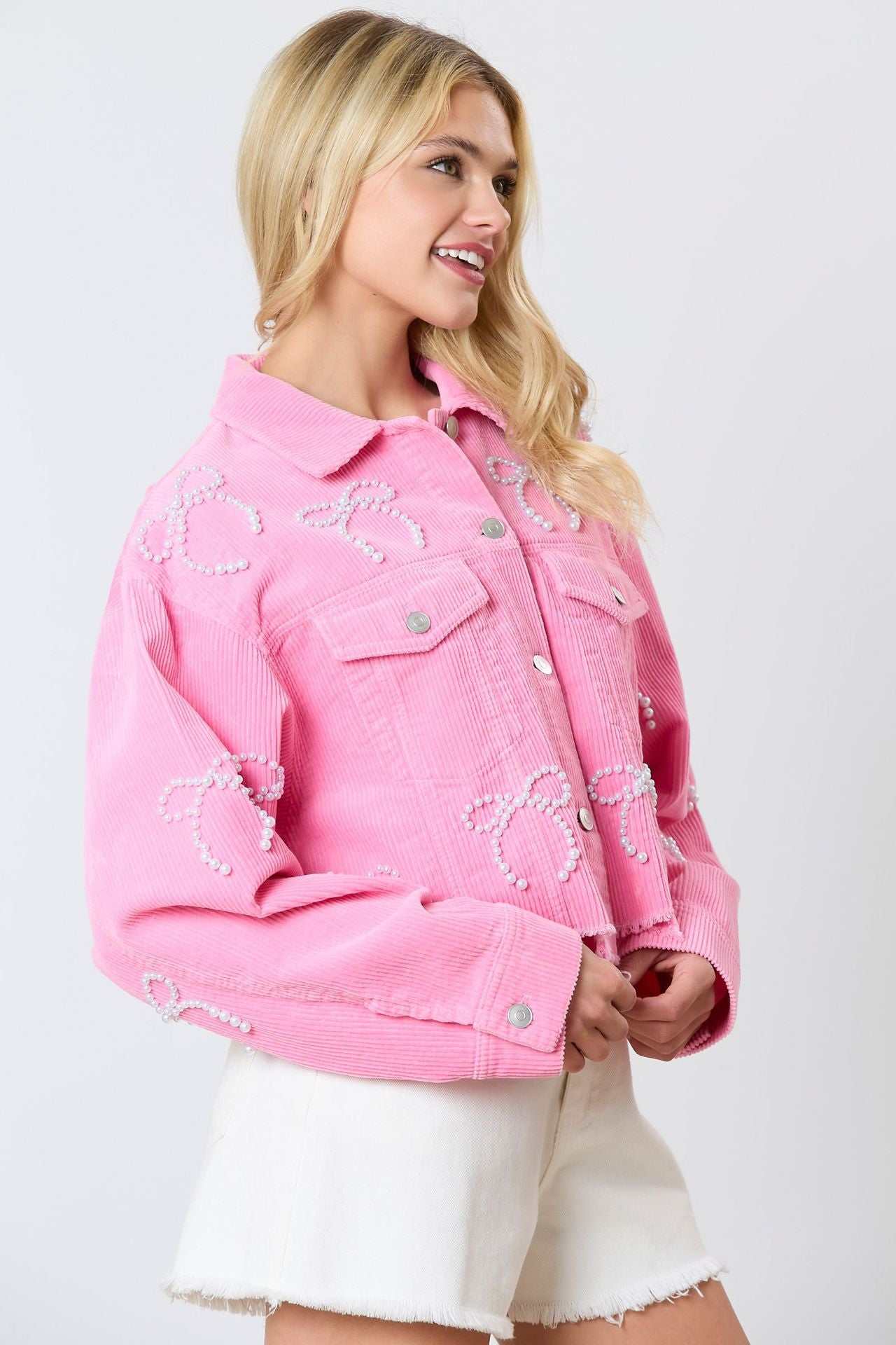 Pearl Bow Cropped Corduroy Jacket | Chic &amp; Trendy Layering Piece